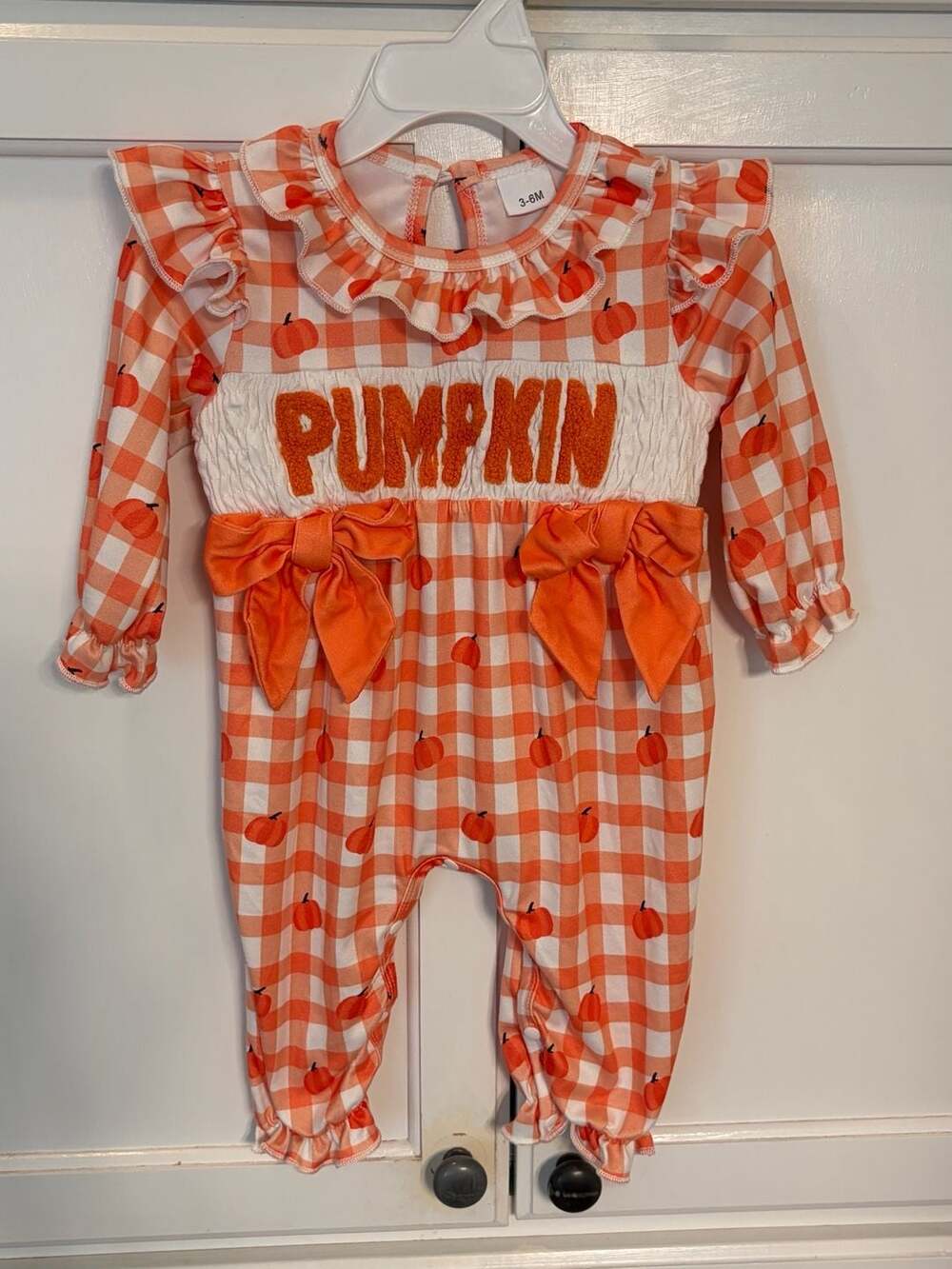 Boutique Baby Girl Orange Gingham Pumpkin Romper with Bows & Ruffles, Size 3-6M